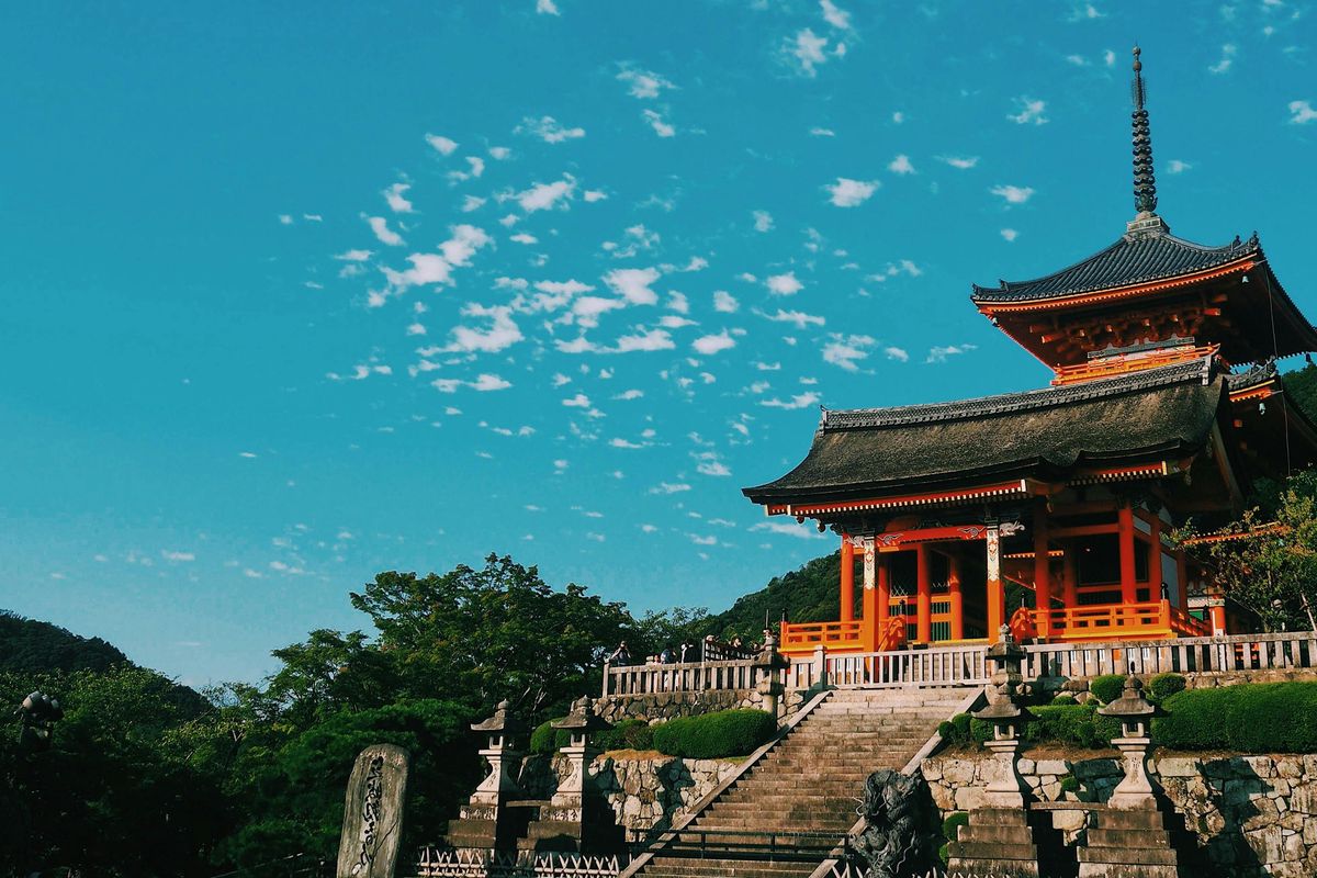 Traditional Japanese temple in Kyoto with pagoda and gardens